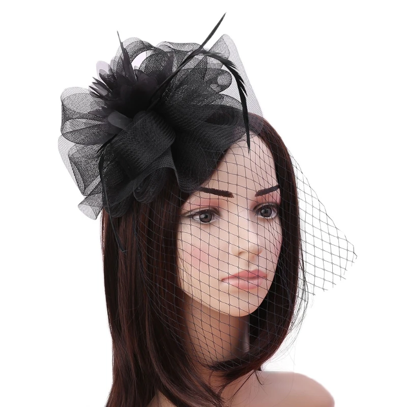 

Hot New 1 Pc Women's Fascinators Hat Tea Party Wedding Lady Female Fashion Flower Mesh Feathers Hair Hoop Headband Accessories