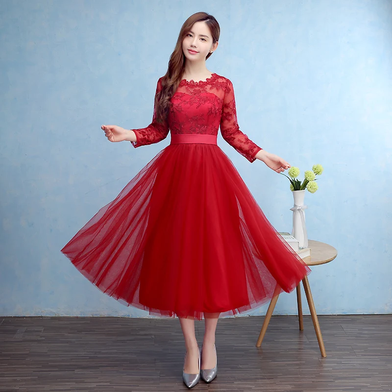 Brand New Bridesmaid Dresses Elegant Long Sleeves Bride Gown High Neck Tulle Ball Prom Party Homecoming/Graduation Formal Dress