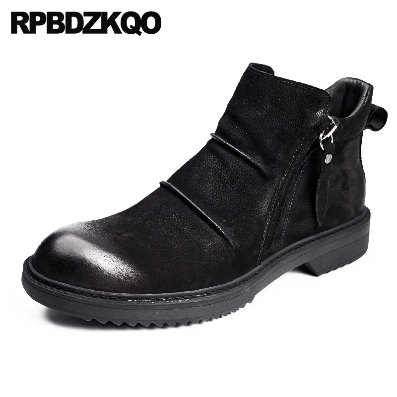 

Full Grain Fur Lined Winter Men Boots With Designer Shoes Booties Fall Chunky Short Zipper Ankle Genuine Leather Luxury Black