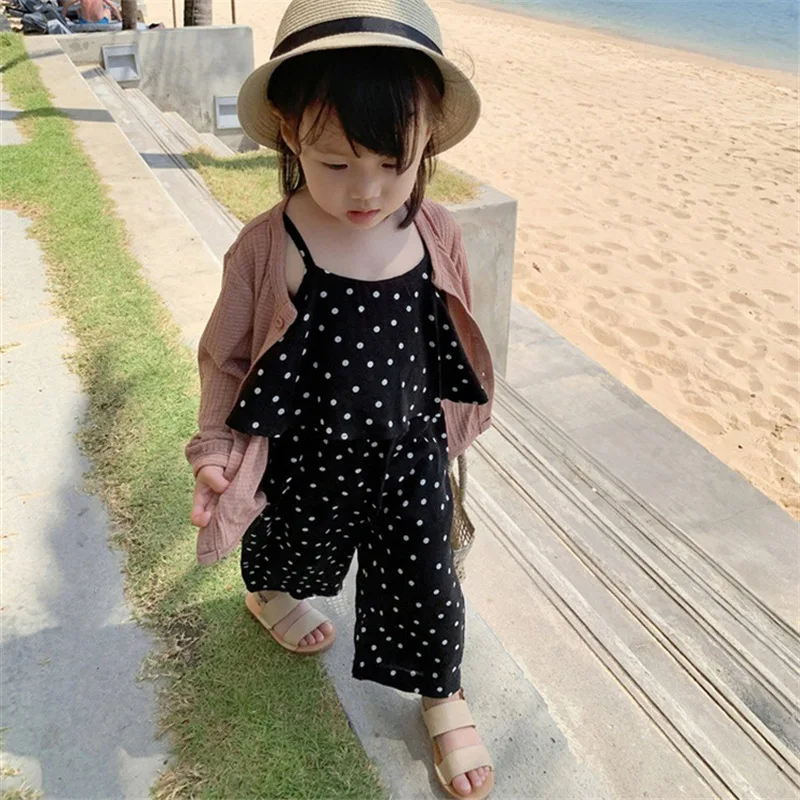 الفتيات حبال حمالة السراويل ل 2019 الصيف القطن نقطة نمط السترة أكمام الأزياء سراويل طويلة طفل الأطفال رومبير