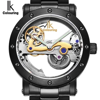 

IK Colouring Top Brand Luxury Automatic Self-Wind Men's Skeleton Wristwatch Stainless Steel Bridge Bar Mechanism Horloges Mannen