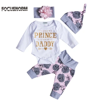 

4pcs Set Cute Newborn Baby Girl Clothes Long Sleeve Letter Print Cotton Romper Tops+Floral Pant Hat Headband Outfits Clothing