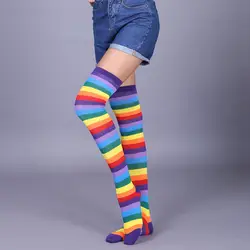 В радужную полоску Для женщин носки гетры красочные выше колена гетры Для женщин девушки бедро высокие чулки гольфы