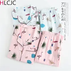 Японский сладкий Ins Длинные рукава сетчатая ткань хлопок пижамный комплект Фламинго одежда для сна женская ночная одежда Pijama Mujer Pyjama Femme 2