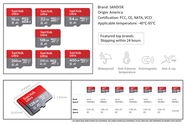 Sandisk A1 микро SD карты Class10 TF карта памяти SDXC с ультра SDHC 16 Гб оперативной памяти, 32 Гб встроенной памяти, 64 ГБ 128 ГБ 200 256 400 100 МБ/с. UHS-I слот для карт памяти