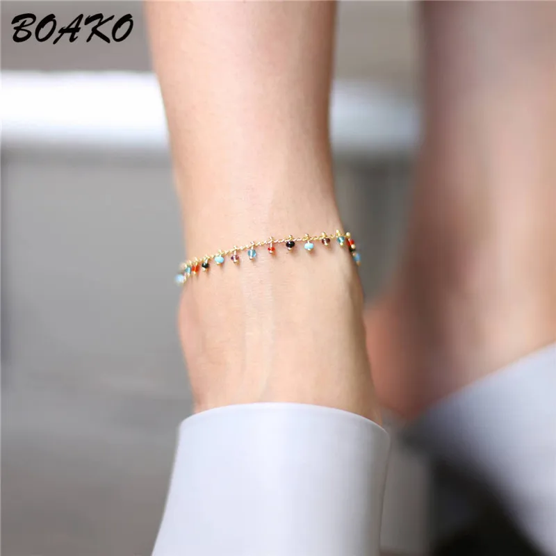 

BOAKO Shining Crystal Rhinestone Ankle Bracelet Gold Color Chain Anklet Sexy Barefoot Jewelry Women's Summer Beach Foot Bracelet