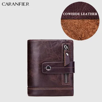 

CARANFIER Mens Crazy Horse Tri-Fold Wallet Casual Genuine Cowhide Leather Multi-Card Position Zipper Hasp Card Holder Coin Purse