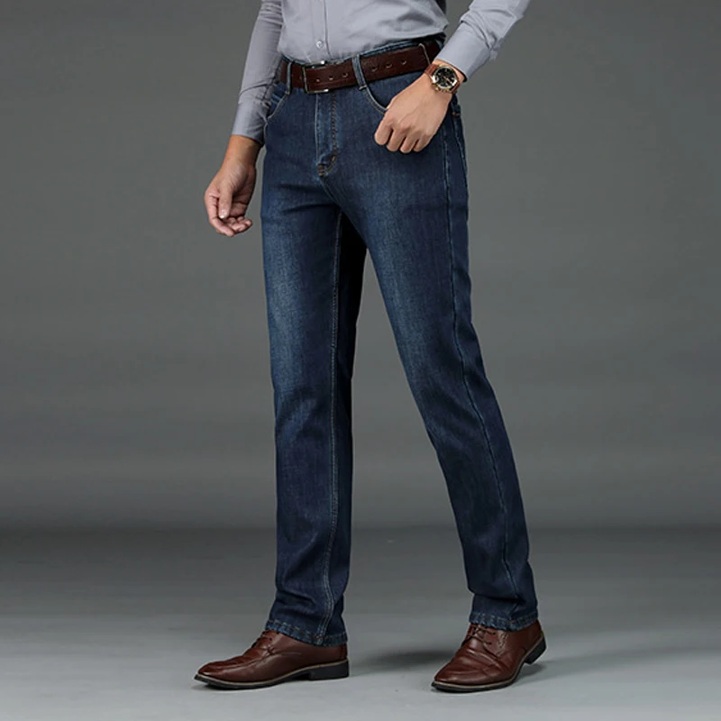 

Winter Jeans Mens Business Casual Straight Warm fleece Pants High quality Denim Long Trousers navy blue large Size Jeans For Men