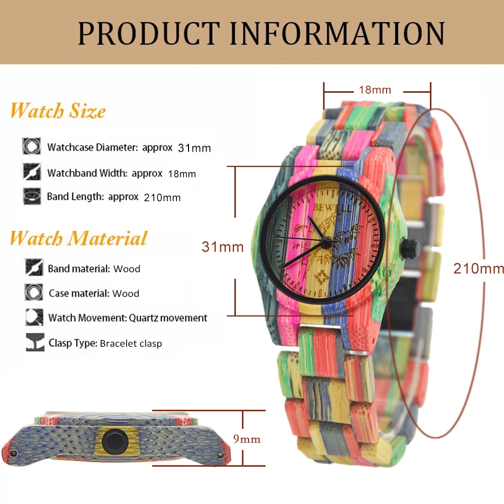 BEWELL 105DL природа ручной работы Красочные бамбуковые деревянные часы женские аналоговые кварцевые модные наручные часы с микс цветов
