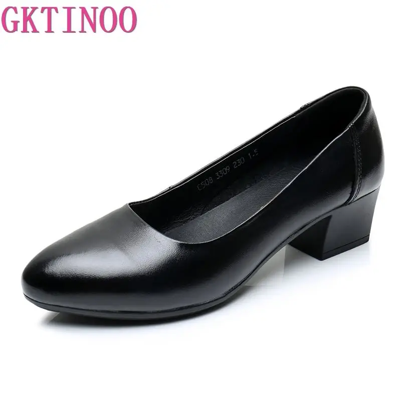 

GKTINOO Female Pumps Black Women Shoes Fashion Office Work Genuine Leather Shoes Woman Med Heels Shoes zapatos mujer