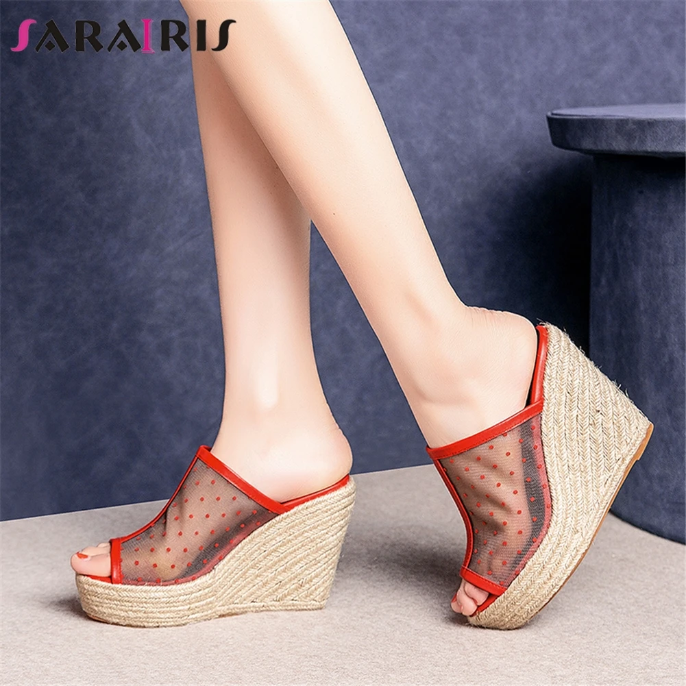 

SARAIRIS 2019 High Quality Wedge High Heels Platform Summer Sandals Woman Shoes Slip On Peep Toe Women Mule Shoes Woman