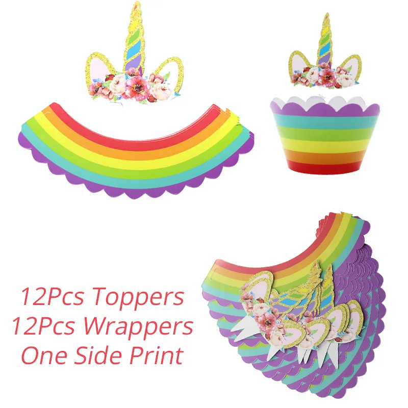 12Sets Rainbow 12 комплектов Радужный Единорог обертки для кексов с изображением пирожного на день рожденья декор для радуги Единорог день рождения наборы; детский душ кекс - Цвет: 12Sets Rainbow