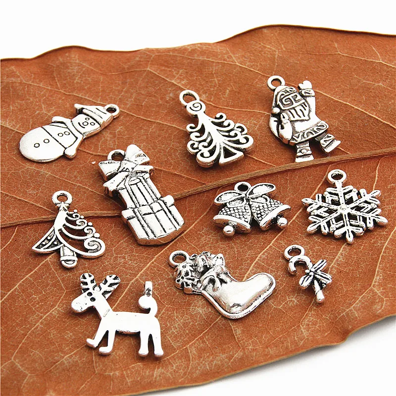 

10pcs Multi Snowman Christmas Tree Snowflake Gift Box Charm Beads Antique Silver Pendants Jewelry DIY