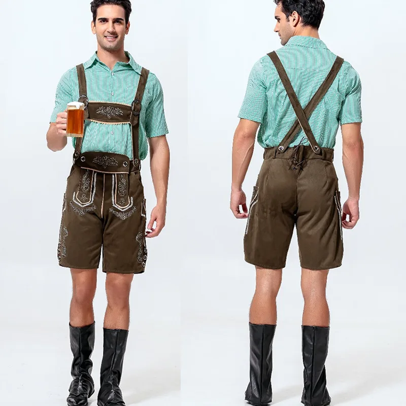 

Men's Oktoberfest Cotton Cashmere Leather Lederhosen Costume For Man Party Cosplay Waiter Farmer Game Costumes Size M L XL