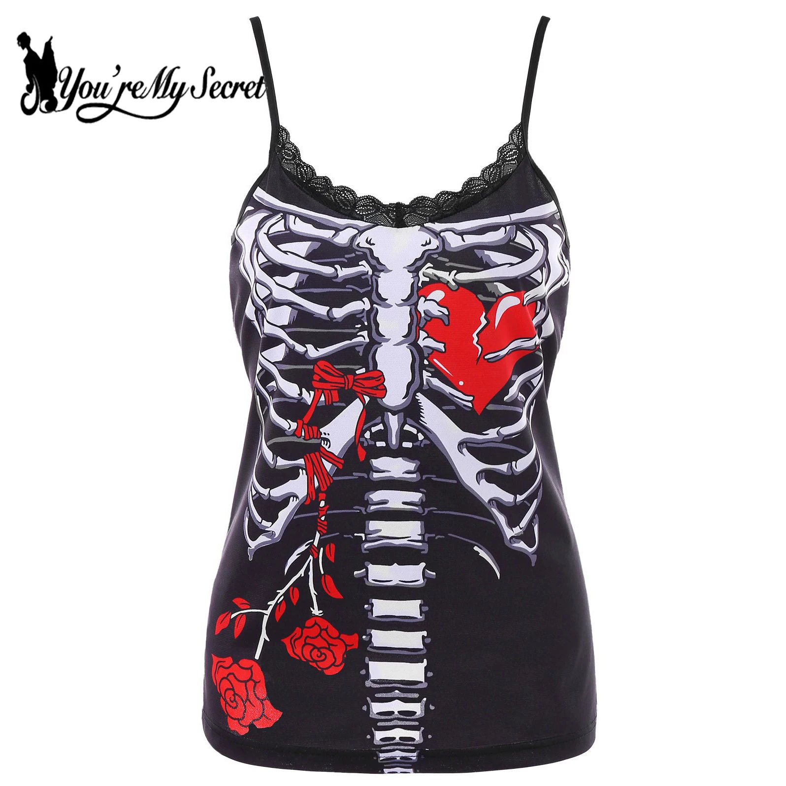 

[You're My Secret] New Arrival Summer Sexy Women Sling Tops Skull Rose Printing Tee Tops Lace Sleeveless Tops Loose Tank Top
