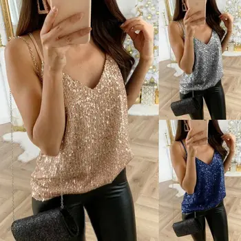 

2019 Womens Summer Strappy Bandage Vest Ladies Sequined Bling Shiny Tank Top Sleeveless Blouse Casual Loose Tank Tops
