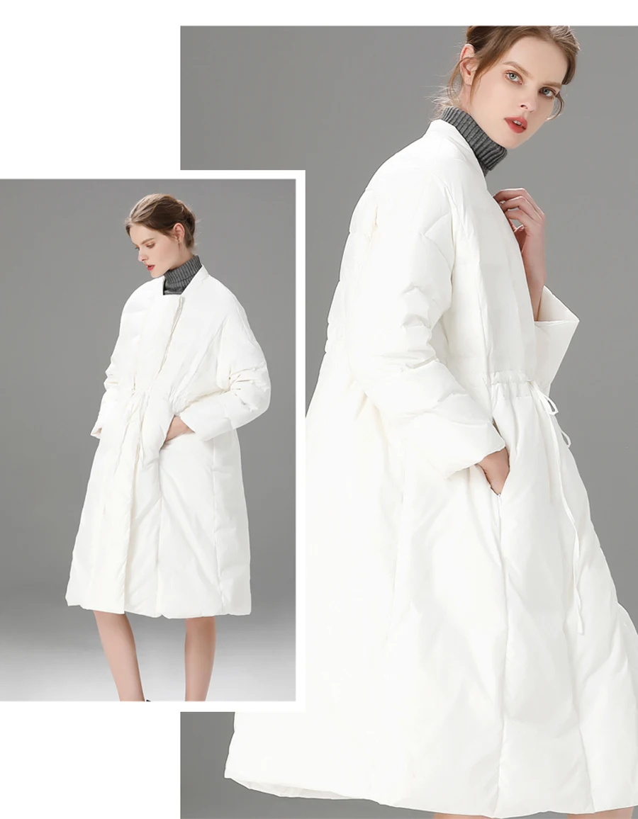 Зимняя длинная куртка-пуховик Женская модная яркая толстая белая куртка-пуховик с круглым вырезом Женская зимняя верхняя одежда теплая