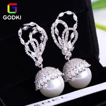 

GODKI Flower Imitation Pearl Curtain Light Cubic Zirconia Women Party Engagement Long Tassel Earring