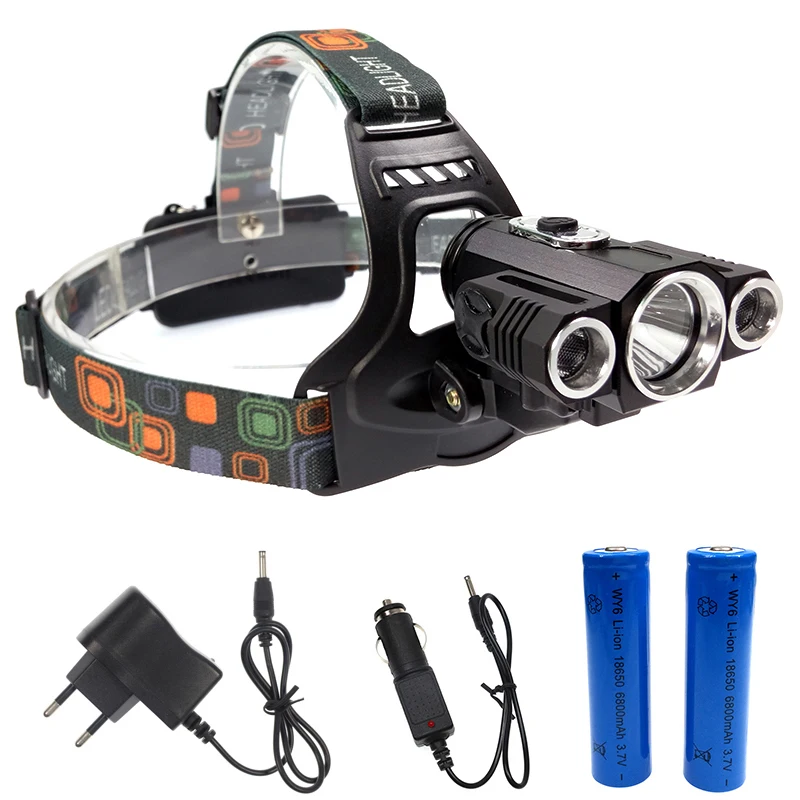 

led lighting 3xT6 Cree headlamp headlight camping riding head torch bike lamp+2*18650 battery+AC/car charger+bicycle clamp