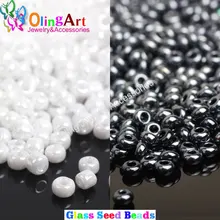 Olingart 2mm/4mm grânulos de semente de vidro cores opacas lustered branco/preto 45 g/lote espaçados grânulo redondo diy pulseira fazendo jóias