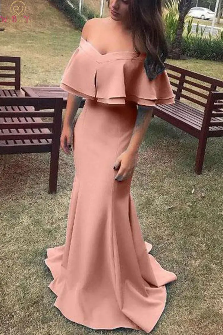 

2019 Women Mermaid Evening Dresses Sexy Off The Shoulder Boat Neck Formal Party Floor Length Long Gown Pink Satin robe de soiree