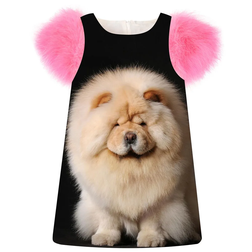 

Kids Dresses Girls Dress Toddler fashion Spring/Autumn faux fur sleeve girls printing Cute little dog baby Clothing Children