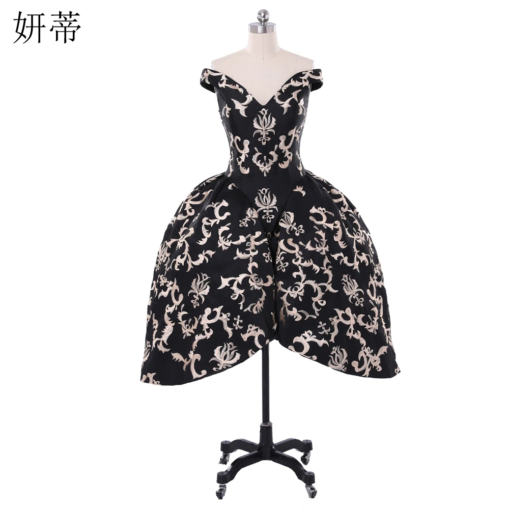 

Puffy Embroidery Floral Princess Prom Dress V-neck Off the Shoulder Bandage Back Tummy Control Formal Ball Gown Black