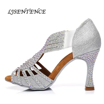 

Silver Satin Dance Boots Women's Sandals Salsa Tango Kizomba Latin Dance Shoes Elastic Band High Heels 7.5 8.5 9 10cm LJSENTENCE