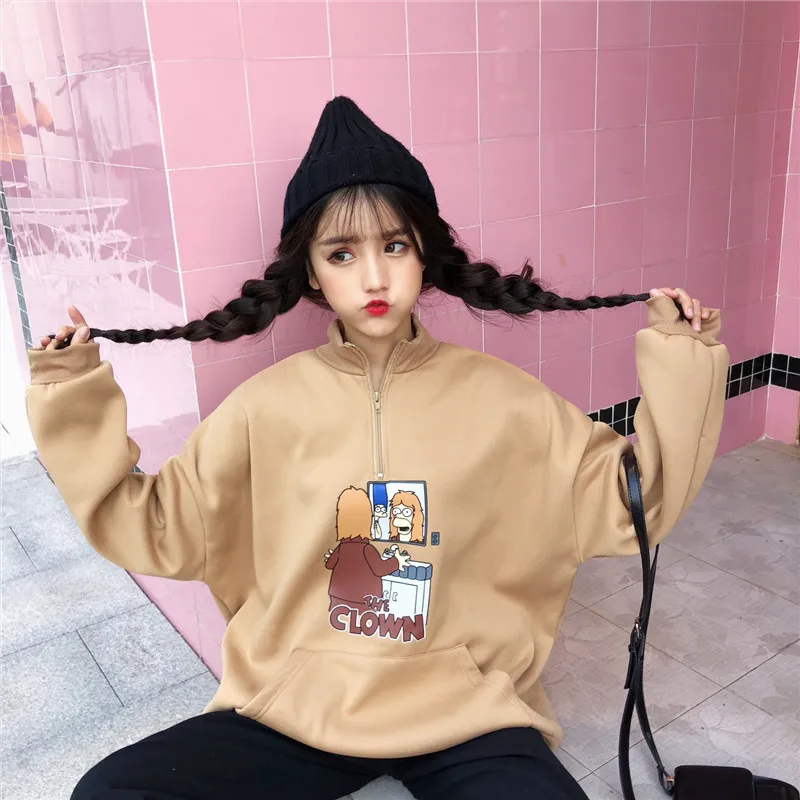 

Printing Cartoon Hoodies Sweatshirts Women Zipper Turtleneck Clothing Feminina Spring Loose Female Casual Coat Harajuku Warm Hip