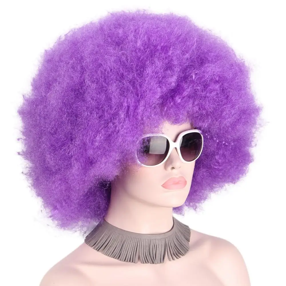 Afro Purple Clown Wig Cap Big Curly Football Fans Wigs for Adults