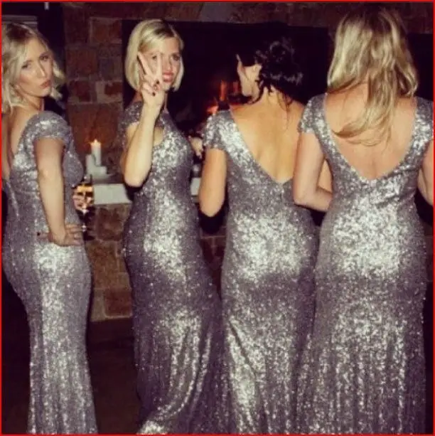 Short Sleeve Beaded Sequins Grey Long Bridesmaid Dresses V Neck