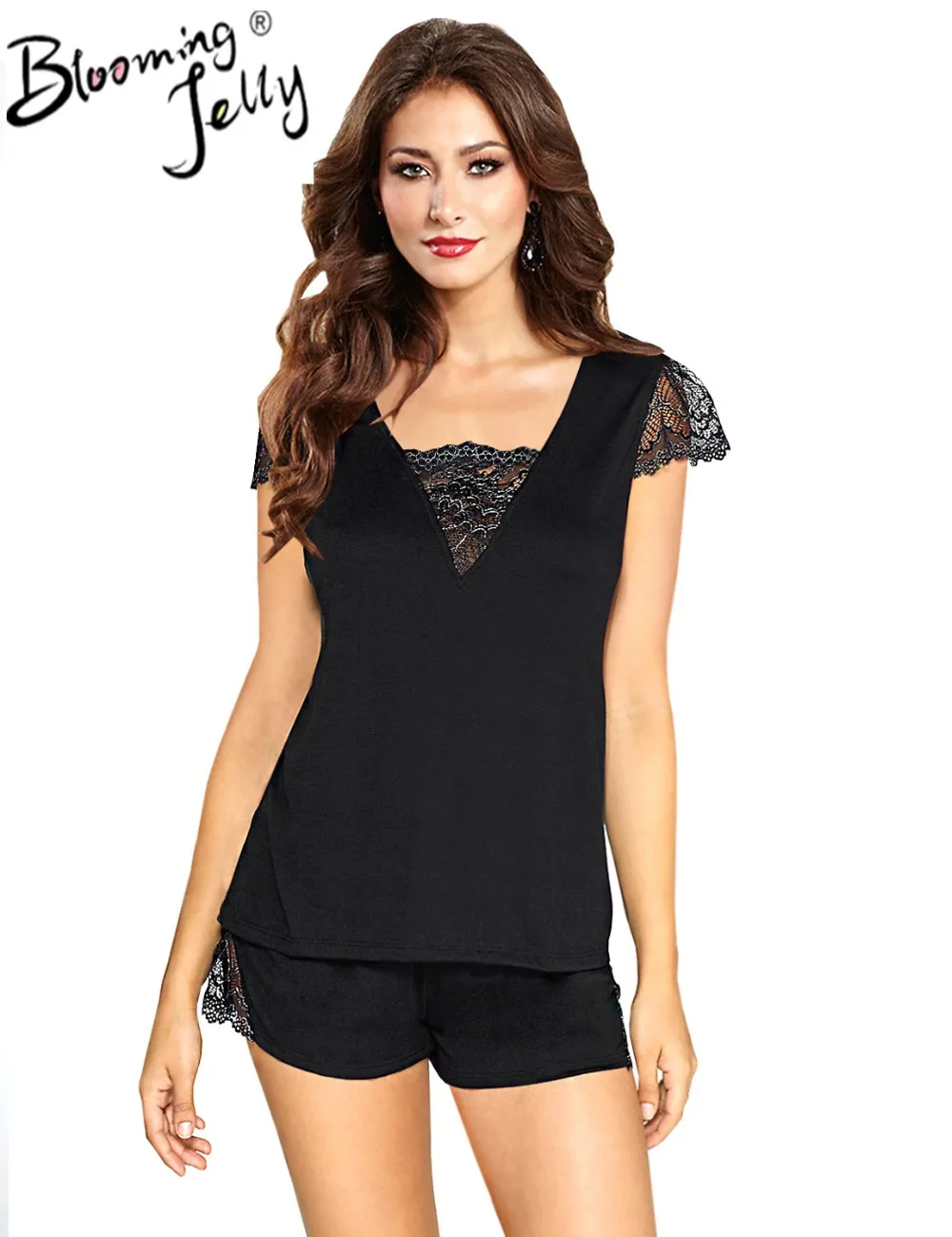 Blooming Jelly 2018 Sexy V Neck Black Lace Patchwork Soft Homewear Summer Ladies Pajamas Set