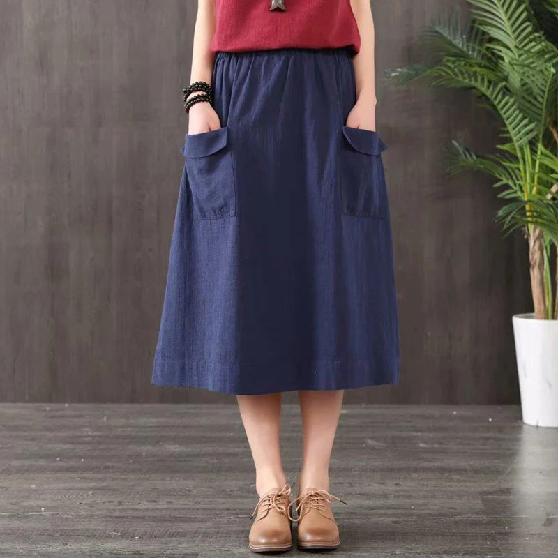

Vintage cotton linen double pockets A-line skirt saia female