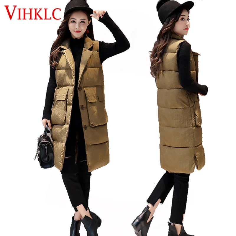 

2017 Spring Autumn Winter Design Down Cotton-Padded Mid Long Jacket Vest Women Casual 4Colors Cute Waistcoat Vest H352