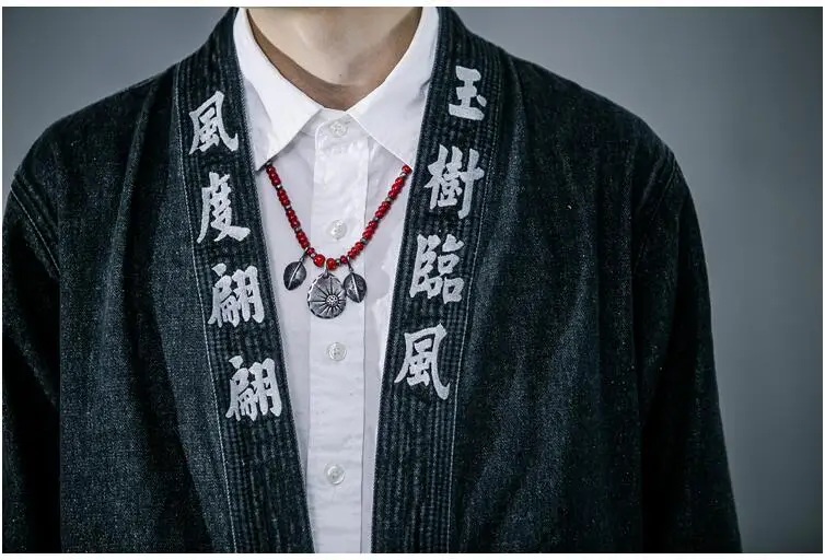 Китайское стильное вышитое хлопковое льняное кимоно, мужской кардиган, Пальто harajuku, верхняя одежда, винтажный джинсовый свободный стиль