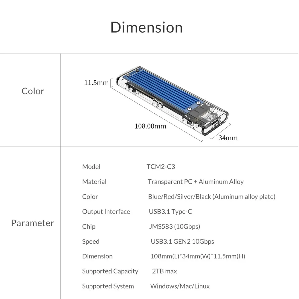 ORICO мини NVME M.2 к type-c SSD чехол M.2 ключ прозрачный внешний m.2 usb c usb3.1 Gen2 10 Гбит/с Поддержка UASP для Samsug SSD