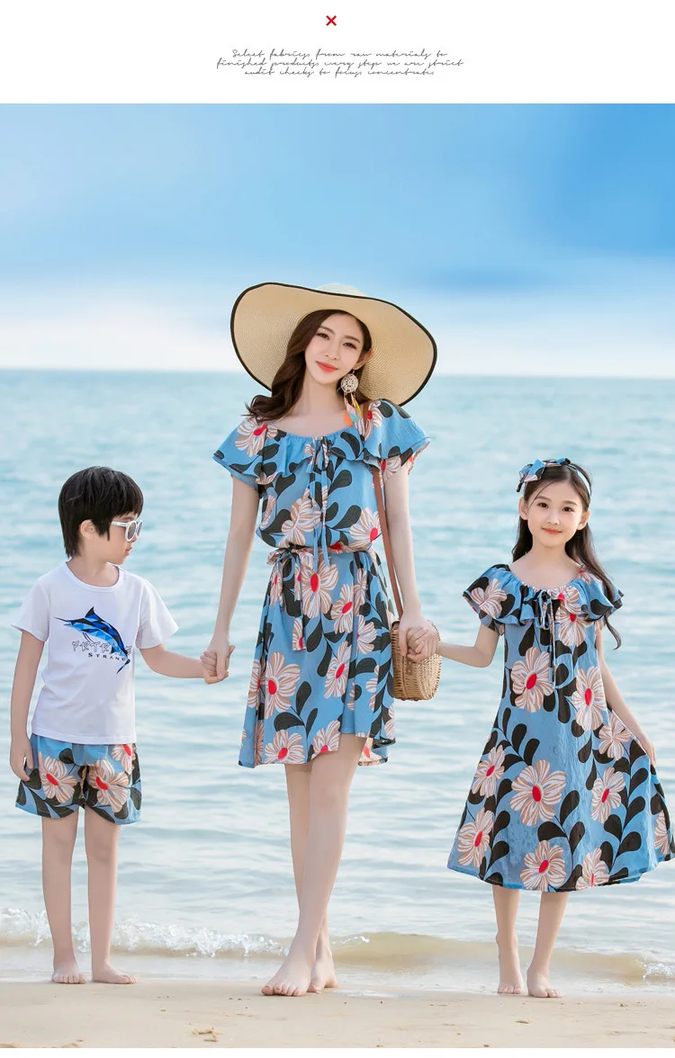 Holiday Family Matching Outfits Off Shoulder Mother and Daughter Dresses Mommy and Me Clothes Dad Son Clothing Sets Summer Look