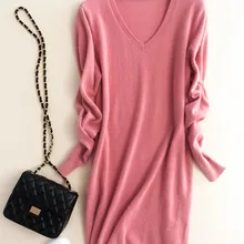 Козий кашемир вязаный женский коммутирующий пуловер свитер платье средней длины выше колен V/o-образный вырез S/5XL опт розница