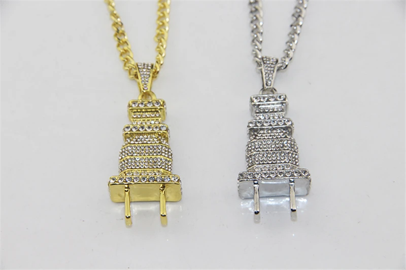 

ZRM Fashion Jewelry Mens Iced Out Bling Bling Plug Pendant Necklace Gold Silver Color Charm Micro Pave Full Rhinestone Hip Hop