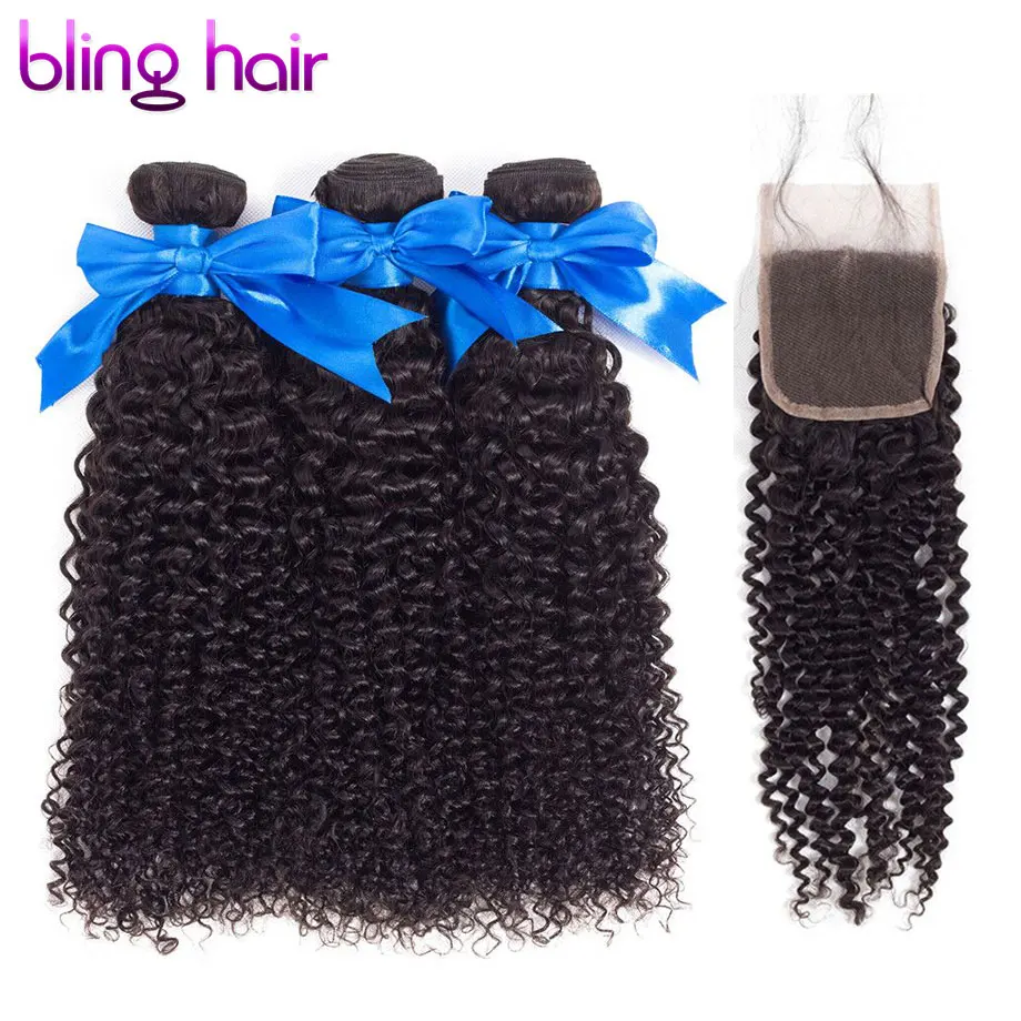 Bling hair 8-28 дюймов бразильские кудрявые вьющиеся волосы пряди с закрытием 4*4 Кружева Закрытие Remy человеческие волосы пряди натуральный цвет