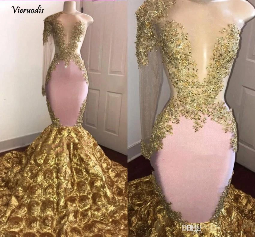 Elegant Gold 3D Flowers Mermaid Prom Dresses One Shoulder Appliques Long Evening Gowns Custom Formal Party Dress