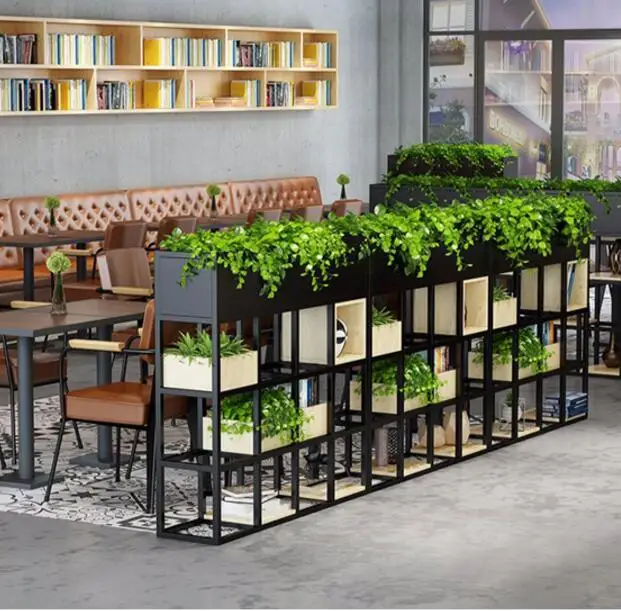 New American iron art shelf low lattice shelf floor bookshelf green flowers shelf restaurant cafe partition screen