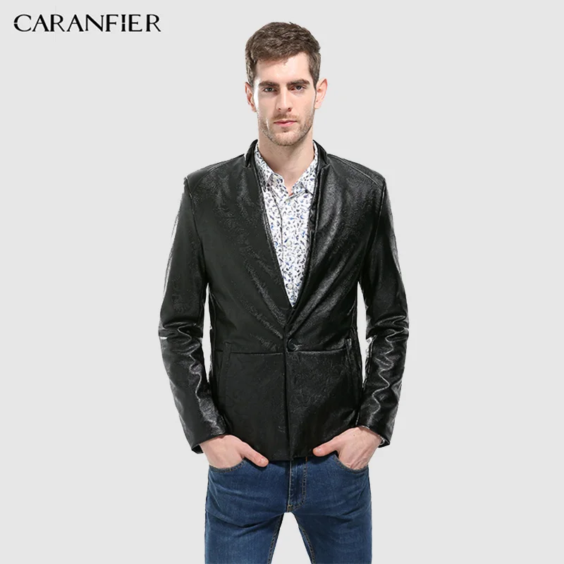 

CARANFIER Pu Blazers Men Embossing Solid Casual 2018 Coat Blazer Fashion High Quality Leather Social Business Youth Men Blazers