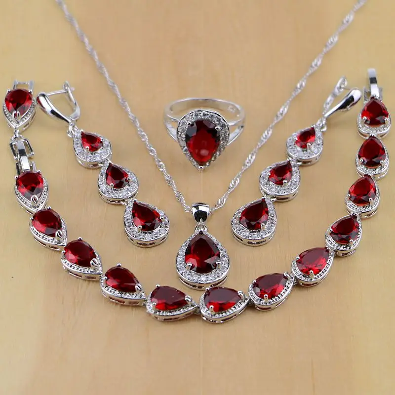 Cheap Water Drop 925 Sterling Silver Jewelry Red Cubic Zirconia White CZ Jewelry Sets Women Earrings Pendant Necklace Rings Bracelet