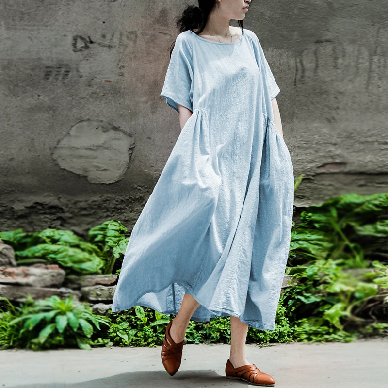 

Johnature Women Cotton Linen Dress Fold 2019 Summer New Short Sleeve O-Neck Loose Pink Light Blue Casual Robes Brief Dress