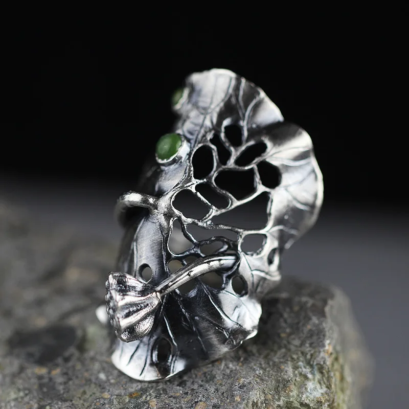

LouLeur 990 lotus leaves sterling silver rings handmade lotus leaves natural hetian jasper jade rings for women charms jewelry