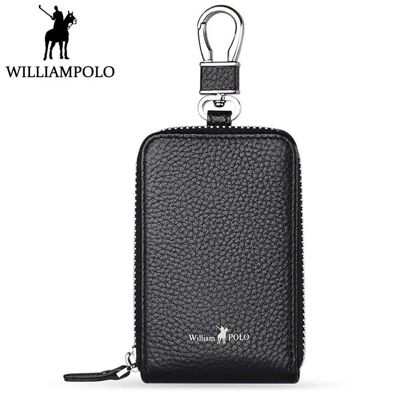 

WILLIAMPOLO Genuine Leather Key Holder Men Zipper Car Key Case With Safety Buckle Fashion Keys Organizer Holder Natural Cowhide