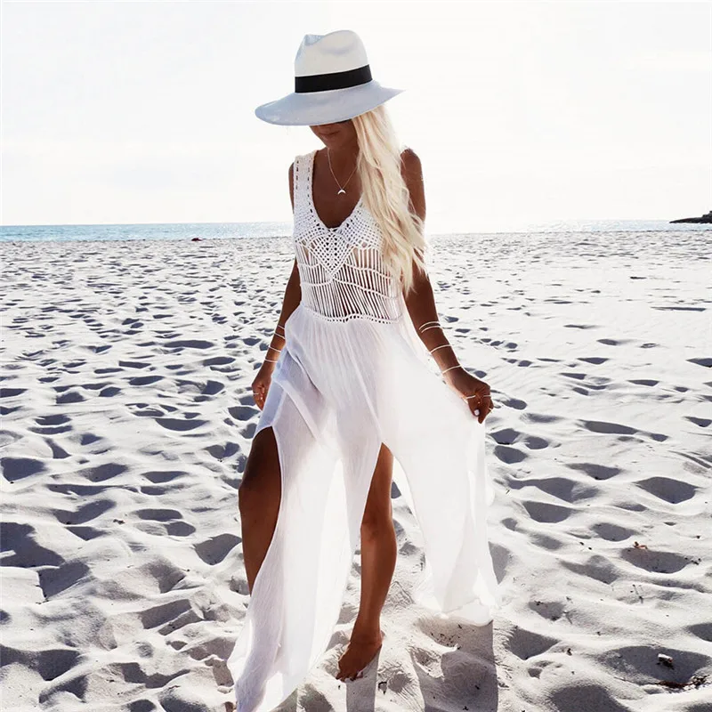 

Summer sexy cape cover women see through beach tunic side spilt chiffon maxi dress white patchwork long beach pareo women frocks