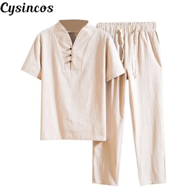 

CYSINCOS Mens Fashion Summer Chinese Style Cotton Linen Solid Color Set 2 Pieces Stand Collar Short Sleeves T-shirt+Pants