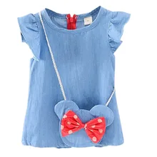 Verão do bebê meninas bonito bowknot sem mangas princesa denim vestido crianças casuais da criança vestidos sólidos roupas conjunto novo algodão